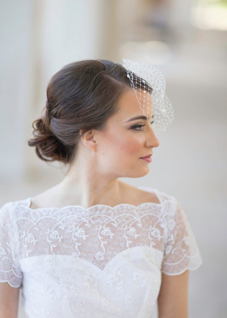 Mini birdcage veil with pearls, Petite Pearl small bridal veil, wedding veil pearls, mini wedding veil, white ivory bridal veil, Style 604 image 4