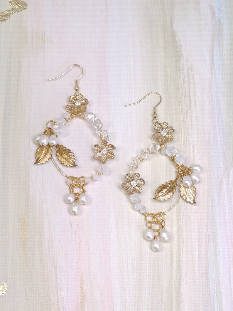 Gold wedding earrings, brides earrings, pearl crystal bridal earrings, Boho earrings, statement earrings, floral wedding earrings Style 128
