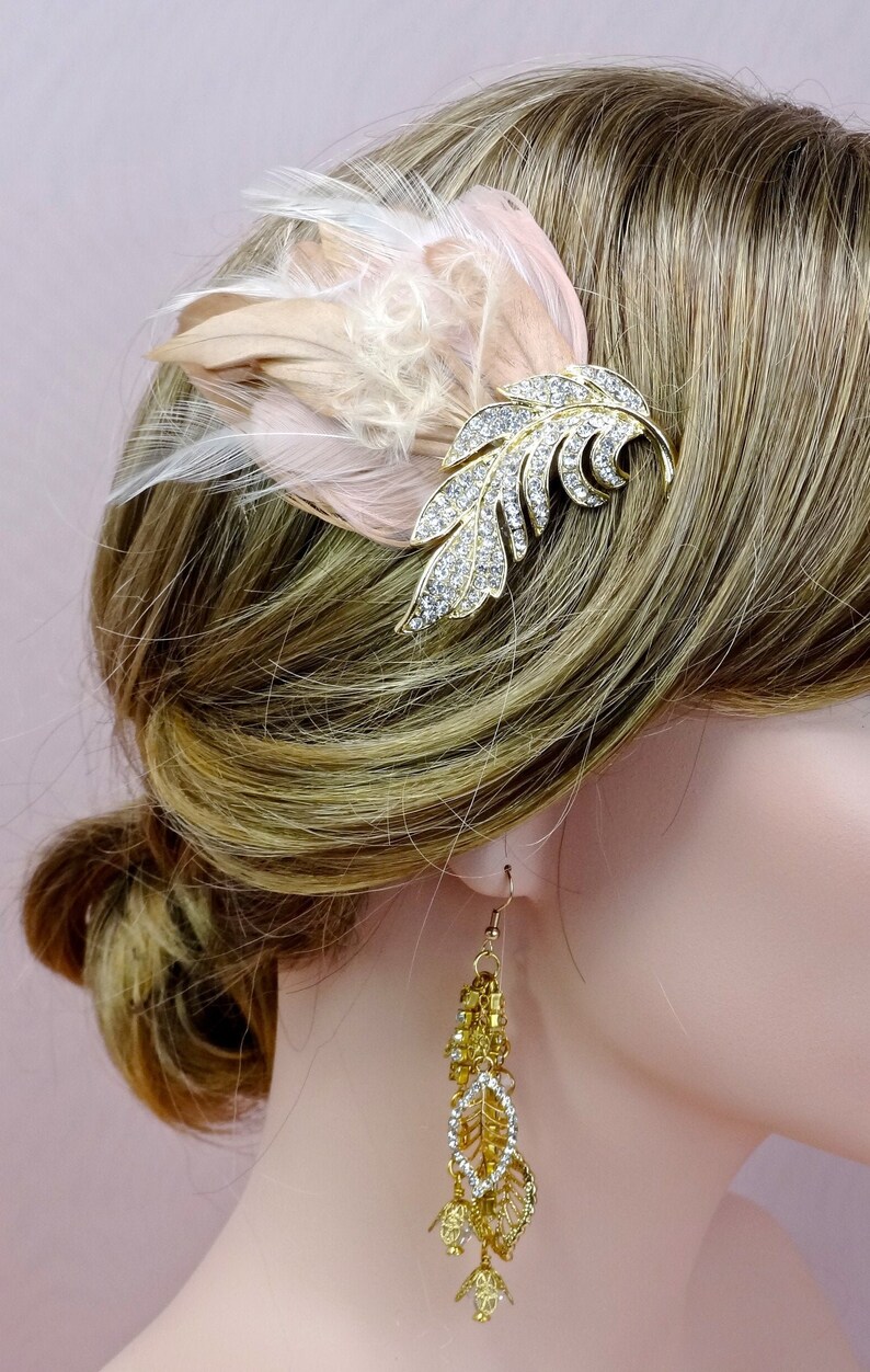 Bridal feather headpiece, blush wedding hair accessories, wedding crystal feather headpiece, bridal feather fascinator, Style 360 zdjęcie 5
