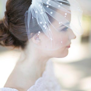 Mini birdcage veil with pearls, polka dot pearls, small bridal veil, mini wedding veil, tulle birdcage veil, colors Style 627 image 4