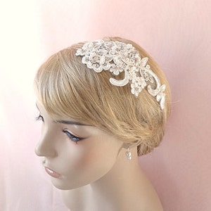 Bridal lace headpiece, lace crystal headpiece, bridal pearls hair accessory, wedding head piece Style 281 image 1