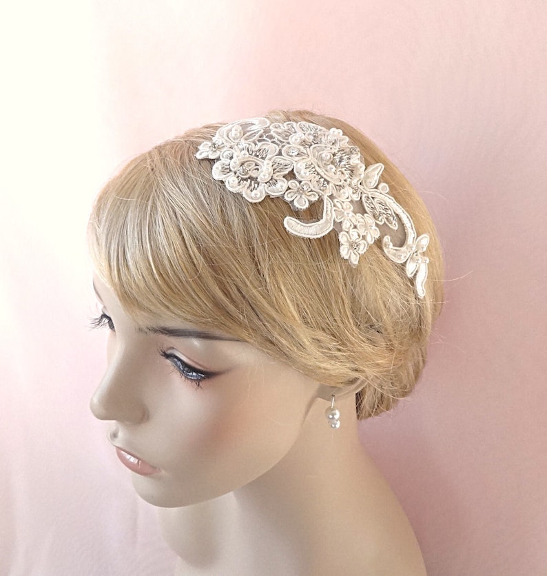 Bridal lace headpiece, lace crystal headpiece, bridal pearls hair accessory, wedding head piece Style 281 image 1