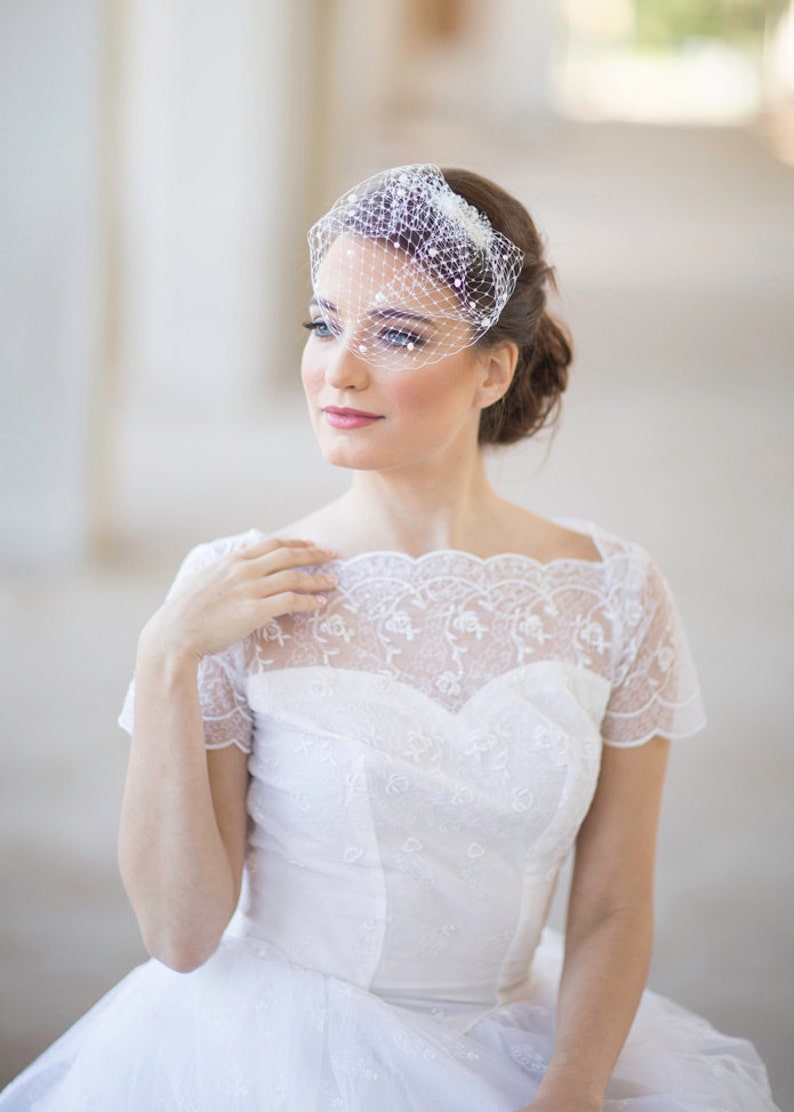 Mini birdcage veil with pearls, Petite Pearl small bridal veil, wedding veil pearls, mini wedding veil, white ivory bridal veil, Style 604 image 3