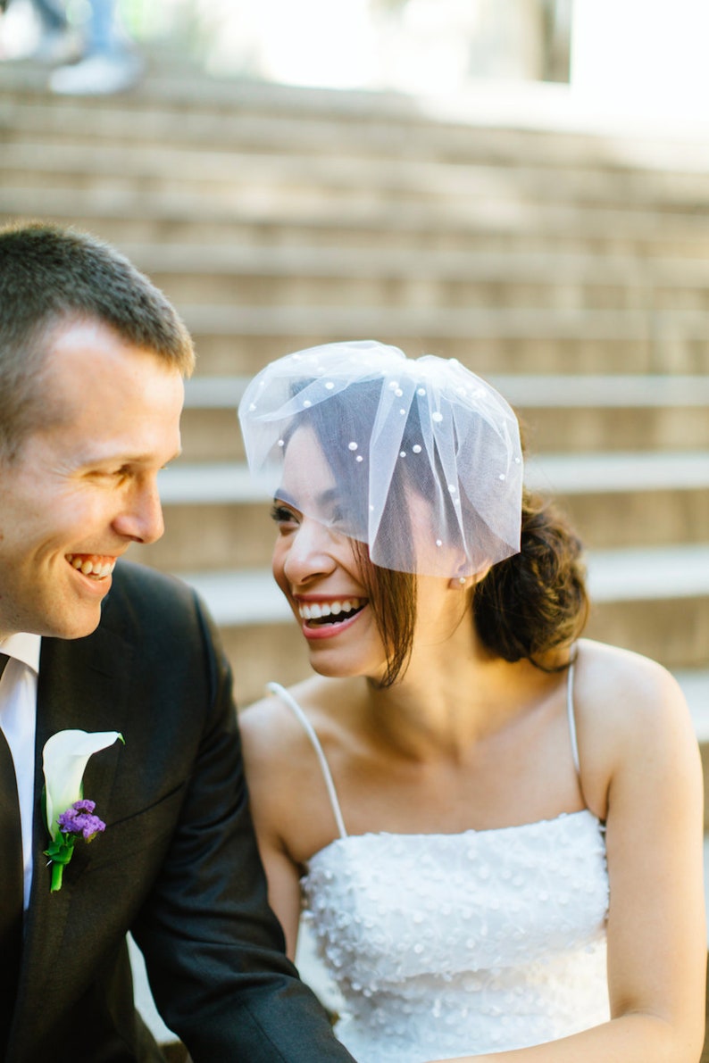 Mini birdcage veil with pearls, polka dot pearls, small bridal veil, mini wedding veil, tulle birdcage veil, colors Style 627 image 5