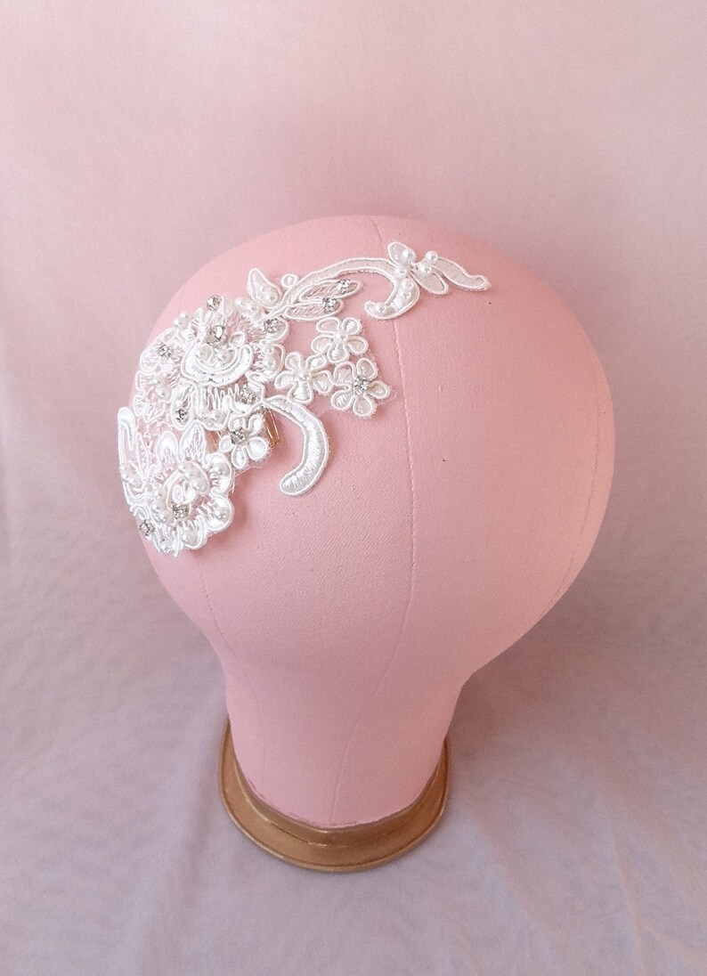 Bridal lace headpiece, lace crystal headpiece, bridal pearls hair accessory, wedding head piece Style 281 image 5