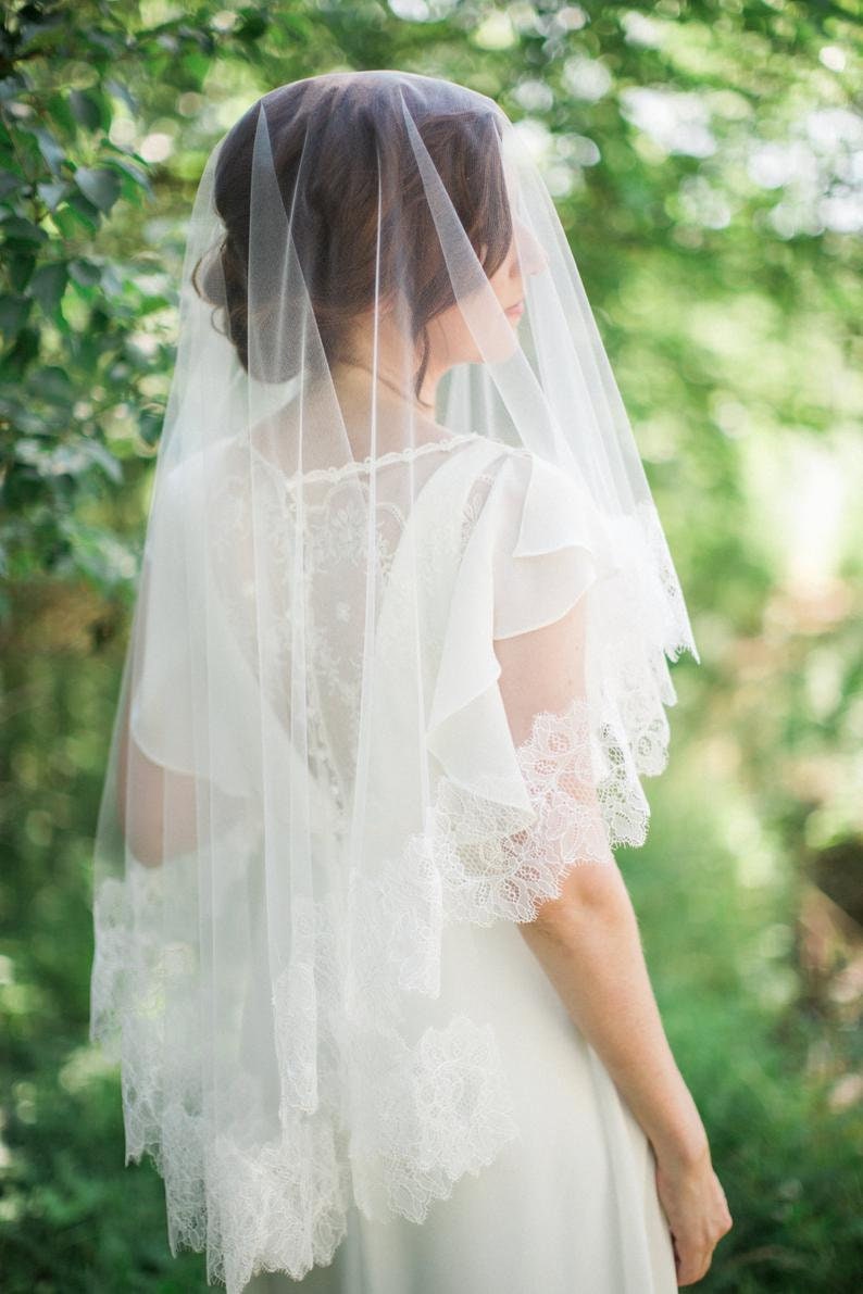 Drop Veil Bridal Veil With Lace Chantilly Lace Veil Bridal - Etsy