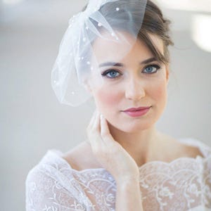 Mini birdcage veil with pearls, polka dot pearls, small bridal veil, mini wedding veil, tulle birdcage veil, colors Style 627 image 3