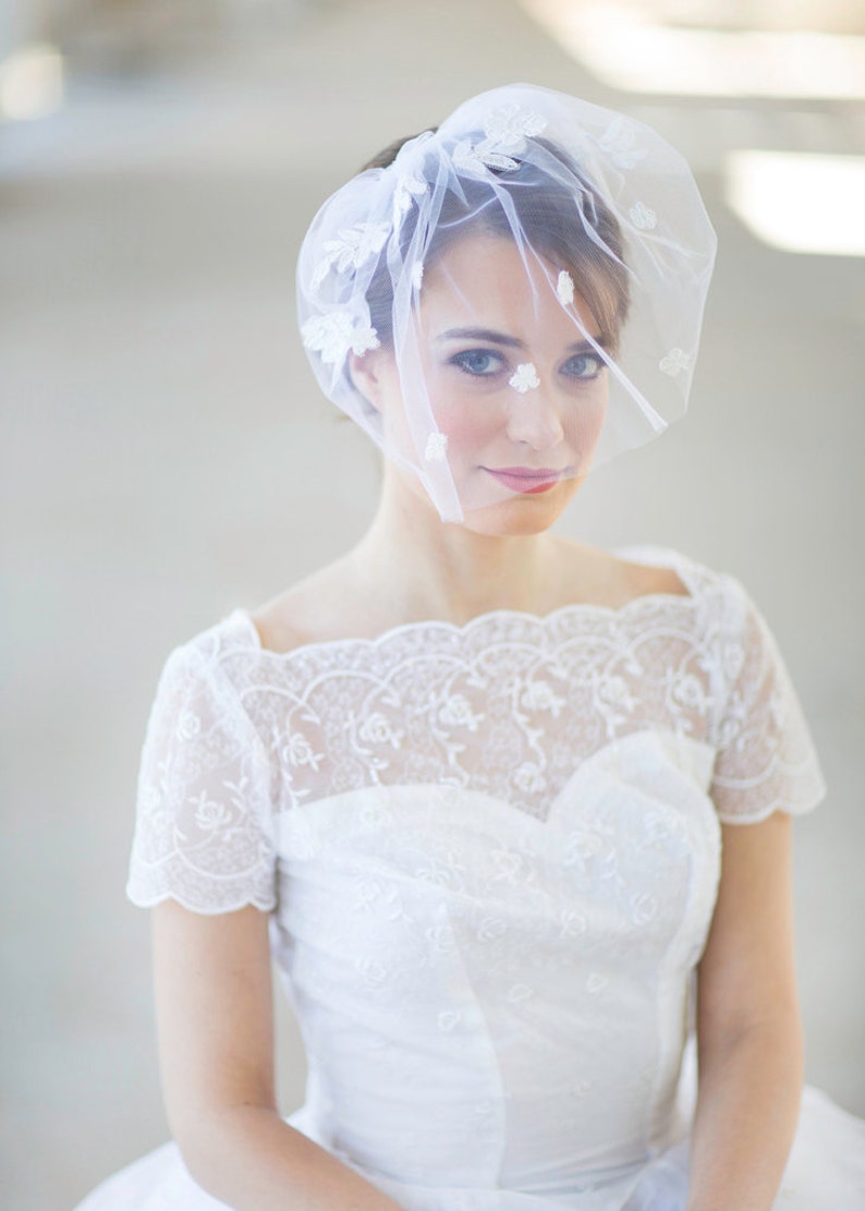 Bridal blusher veil, birdcage wedding veil, birdcage bridal veil, Lace Dance bridal veil, Alencon lace veil, ivory bridal veil, Style 625 image 1