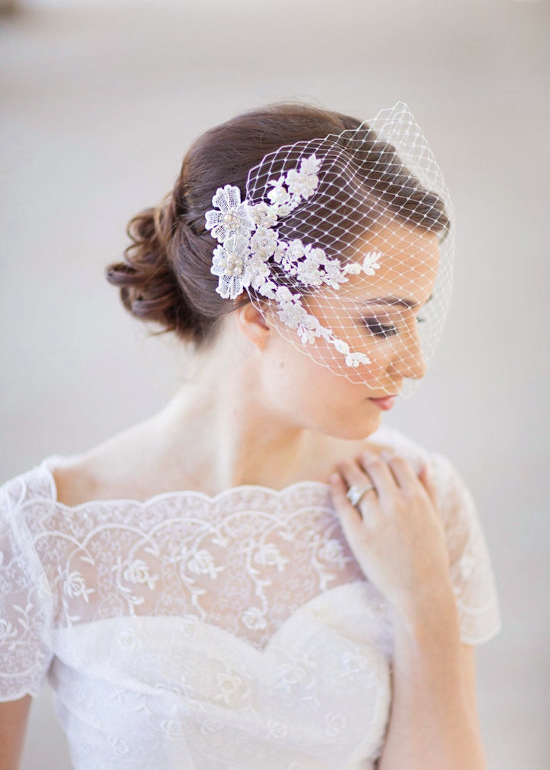 Bridal Birdcage Veil, Bandeau Veil, Wedding Birdcage Veil, Embroidered