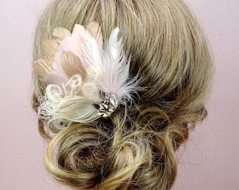 Blush Champagne Feather Bridal Headpiece, Crystal Fascinator, Style 362