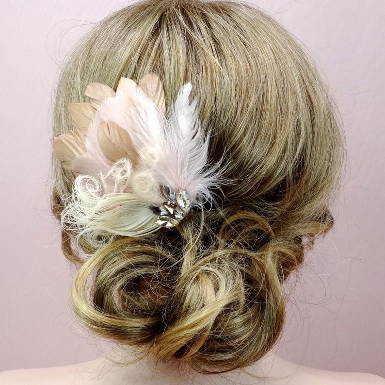 Casque de plume de mariée, accessoires de cheveux de mariage, casque de plume de mariage blush champagne, fascinateur de plume de mariée style 362 image 4