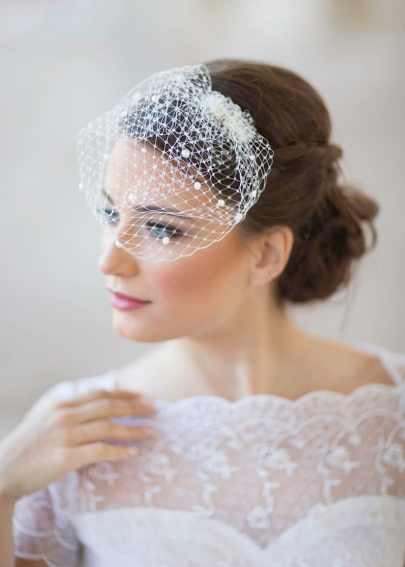 Mini birdcage veil with pearls, Petite Pearl small bridal veil, wedding veil pearls, mini wedding veil, white ivory bridal veil, Style 604 image 2