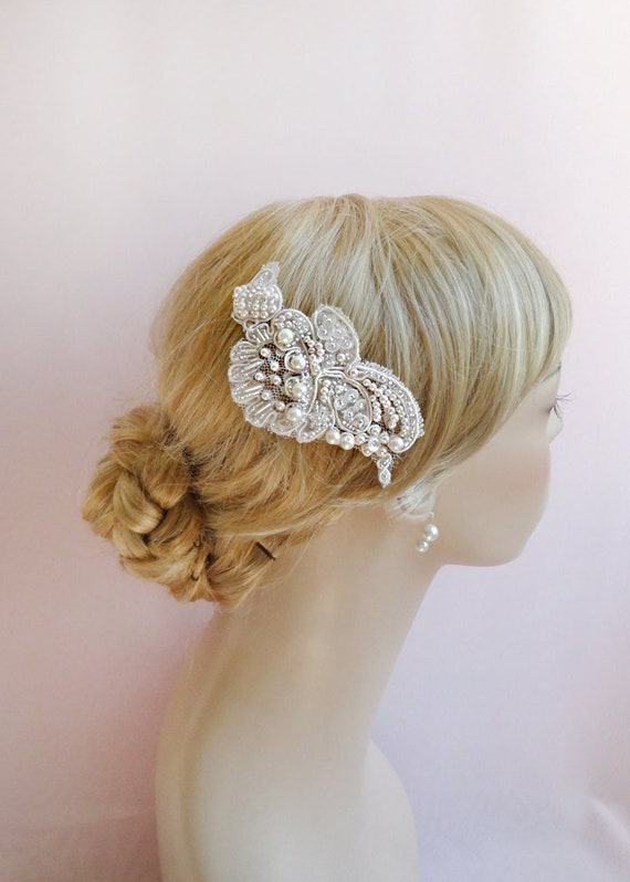 Bridal Lace Pearl Headpiece, Beaded Lace Headpiece, Wedding  display picture 2