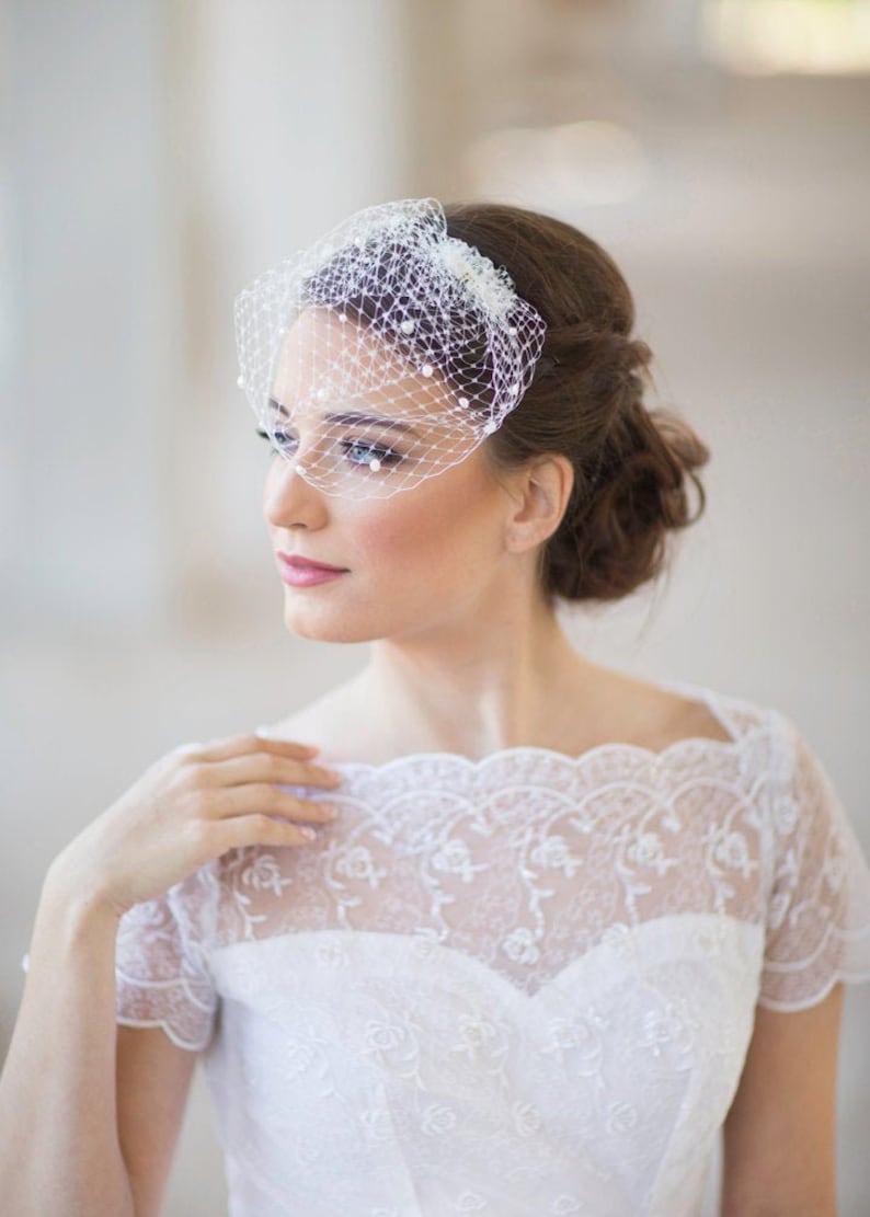 Mini birdcage veil with pearls, Petite Pearl small bridal veil, wedding veil pearls, mini wedding veil, white ivory bridal veil, Style 604 image 1