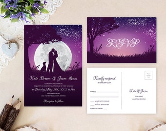 PRINTED Dog wedding invitations + rsvp postcard | Purple silver starry moon night, romantic, outdoor, summer, garden, nature wedding invites