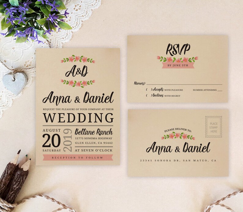 Printed Rustic Wedding Invitations Printed On Kraft Paper Etsy