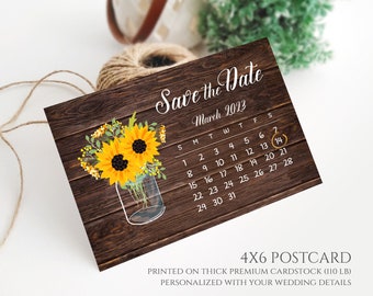 PRINTED Rustic country calendar save the dates | Sunflower mason jar wedding save the date cards | Woodland barn save the date postcard