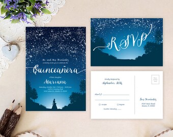 PRINTED Starry Night Quinceanera invitation + RSVP postcard | Blue, Quince Anos, sweet 15, fifteenth birthday, invitaciones de quinceanera
