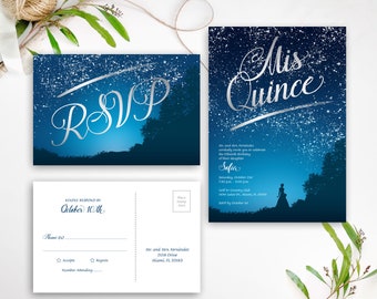 PRINTED Starry Night Quinceanera invitation + RSVP postcard | Blue and Silver Quince Anos, sweet 15, fifteenth birthday invitations