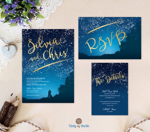 Starry Night Invitation Set Mountain Wedding Invitations Printed