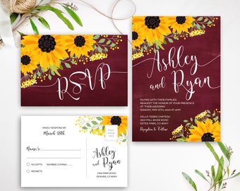 PRINTED Burgundy marsala wedding invitation set | Sunflower wedding invitations for vineyard, barn, backyard, farm wedding