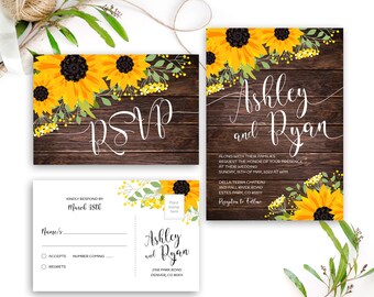 PRINTED Rustic sunflower wedding invitation set | Barn, backyard, farm wedding invitations | Sunflower theme wedding