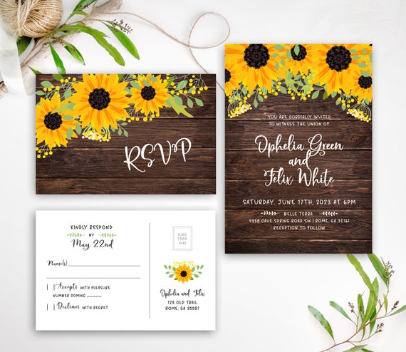Rustic Sunflower Wedding Invitations and Self Mailing RSVP Cards Includes Envelopes for Set