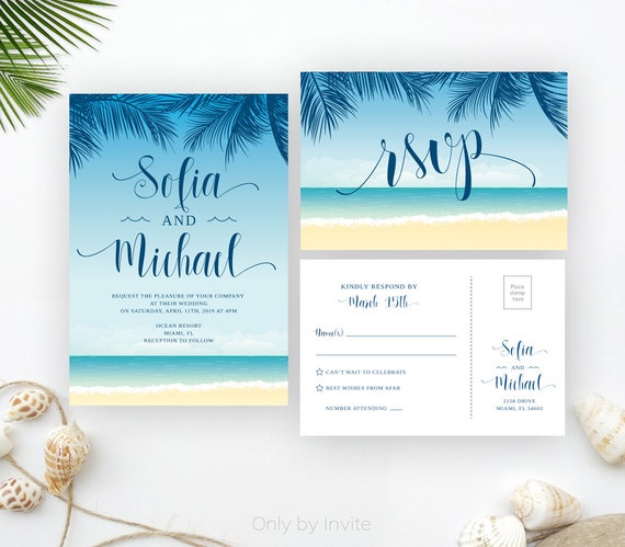 Printed Tropical Beach Wedding Invitation Destination Wedding Invitation With Rsvp