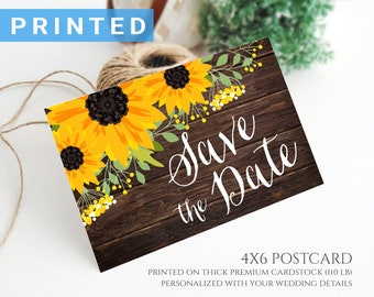 Wood sunflower save the date postcard | Rustic wedding save the dates personalized