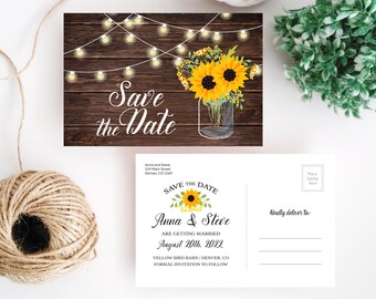 PRINTED Rustic sunflower save the date postcards | Personalized wedding save the date postcard