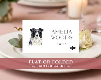 Wedding dog of honor - Border Collie. Place name cards personalized, printed: FLAT or FOLDED.