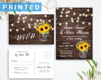 Rustic sunflower wedding invitations with RSVP postcards | String lights, mason jar wedding invitations for country wedding