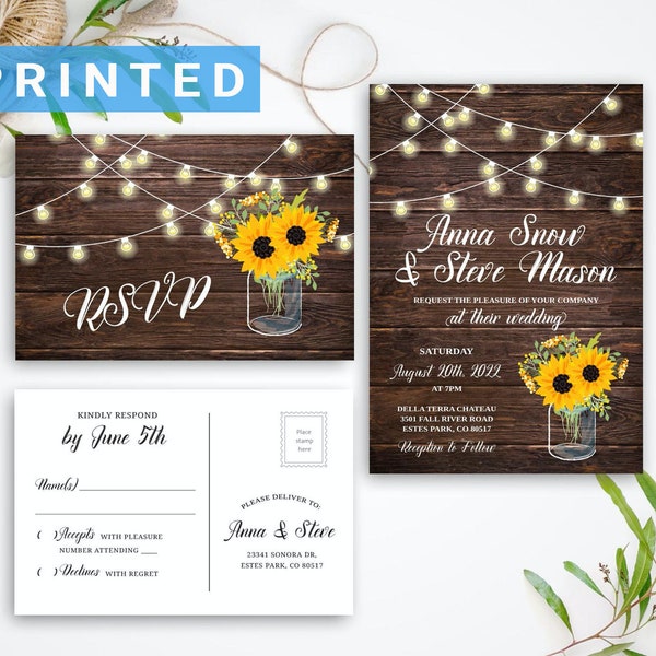 Rustic sunflower wedding invitation set PRINTED | String lights, mason jar wedding invitations for country, winery, barn, backyard wedding