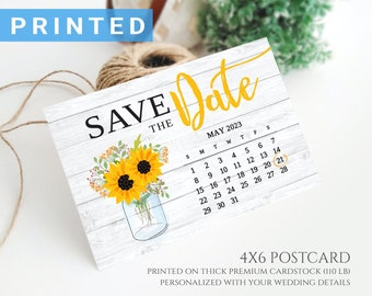 Calendar save the date postcard | Rustic country sunflower, mason jar save the dates for wedding | Cheap save the date cards PRINTED