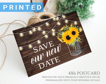 Rustic postponed wedding announcement postcard | Save our new date postcards sunflower mason jar country, string lights cards PRINTED