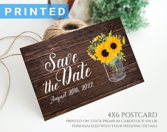 Rustic country save the date postcard sunflower | Mason jar dark wood fall southern barn farm chalkboard wedding save the date cards