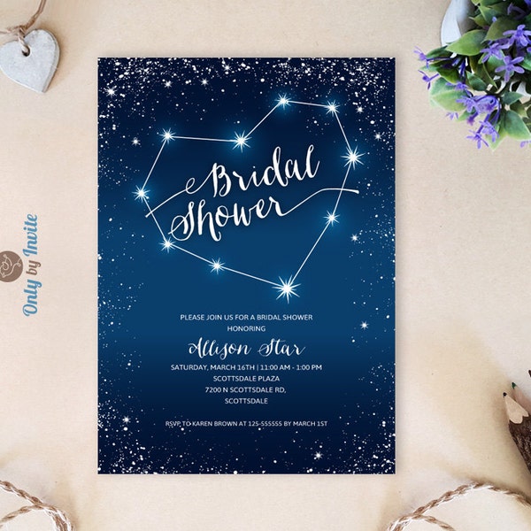 PRINTED heart constellation bridal shower Invitation | Starry night sky, stars, romantic, summer, fall, winter, spring, outdoors, royal blue