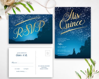 PRINTED Starry Night Quinceanera invitation + RSVP postcard | Blue and Gold Quince Anos, sweet 15, fifteenth birthday invitations