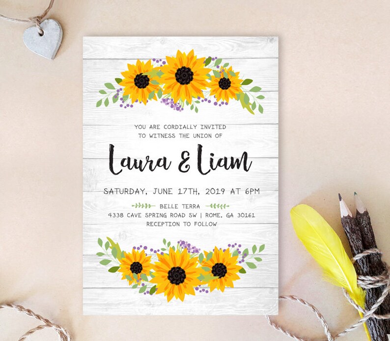 Printed Wreath Wedding Invitation Sunflower Wedding Etsy