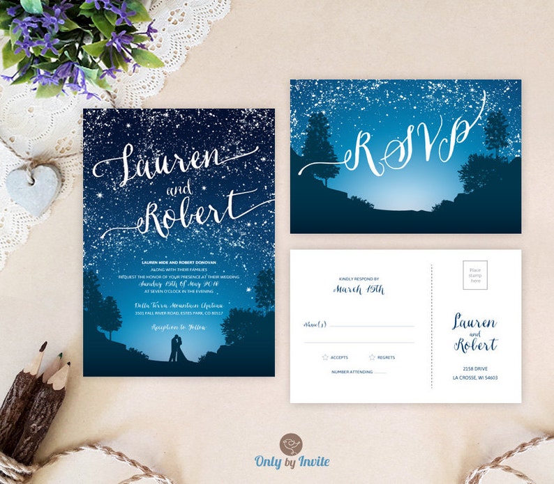 Printed Starry Night Wedding Invitations And Rsvp Cards Etsy