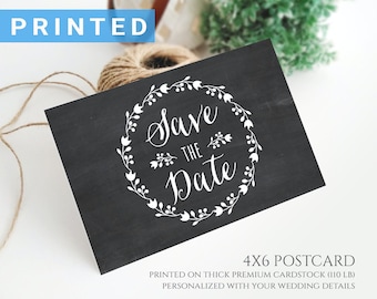 Chalkboard save the date postcard PRINTED | Rustic wreath wedding save the date postcards | Personalized cards