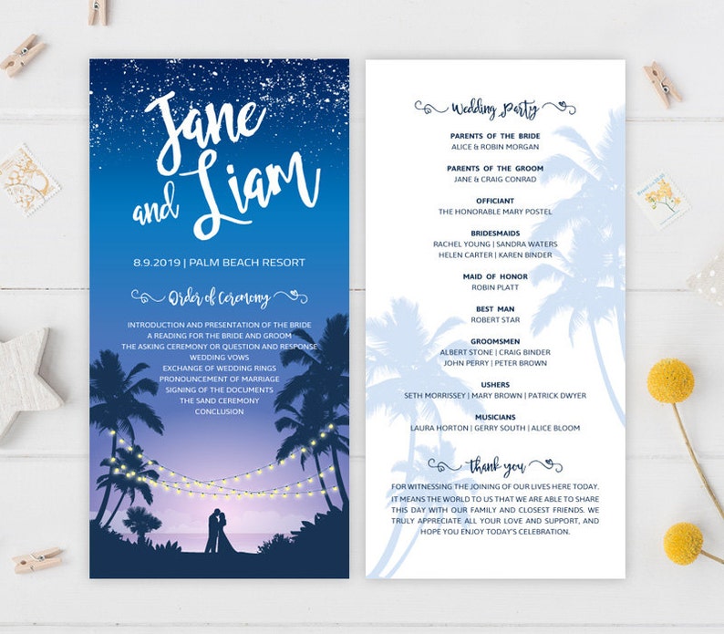 Printed Tropical Beach Wedding Programs String Lights Wedding Program Destination Wedding