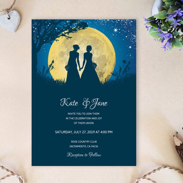 PRINTED | Lesbian Wedding Invitation | Starry Night | Same Gender Wedding Invitations | Civil Ceremony Invitation | Lesbian wedding card