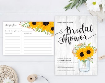 PRINTED // bridal shower invitations with recipe cards / sunflower bridal shower invitation