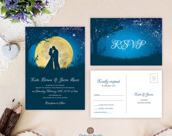 Romantic wedding invitation with rsvp postcard | Starry night wedding invitations | Moon wedding invitations