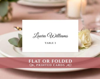 Wedding name place cards printed: FLAT or FOLDED. Rehearsal dinner table cards.