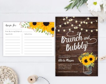 PRINTED Brunch and Bubbly bridal shower invitation with recipe card | Rustic country barn, sunflower mason jar, string lights invites