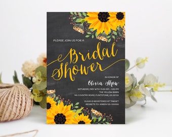 Sunflower bridal shower invitations PRINTED | Barn backyard farm country rustic blackboard outdoor summer fall, tea party invites