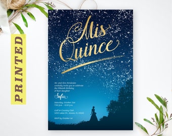 Starry Night Quinceanera Invitations | Blue and gold Mis Quince Sweet 15th invites | Envelopes