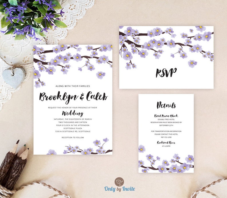 lilac garden PRINTED Spring tree wedding invitation sakura purple custom wedding set summer cherry blossom
